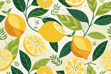 Seamless Lemon Pattern with Blue Ribbon and Leaves – Citrus Fruit Decorative Design