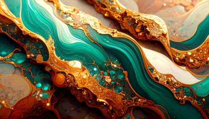 Abstract layers of gold teal and terracotta with cultural texture