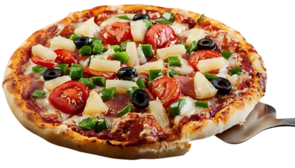 A freshly baked pizza with ham, pineapple, green peppers, and black olives, with a slice being lifted by a server.