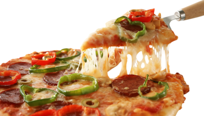 A slice of pizza being lifted, showing melted cheese, pepperoni, peppers, and olives.