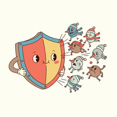 Cartoon shield protecting against winter illnesses in a fun style  