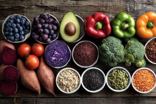 Colors of Fresh Vegetables and Fruits Arranged Beautifully on a Wooden Table in Natural Light - Powered by Adobe
