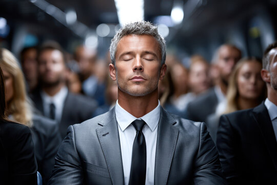Corporate professional meditating during commute in a crowded public transport setting