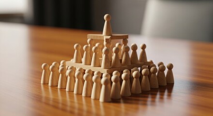 Wooden game pieces arranged in a hierarchy on a polished table.