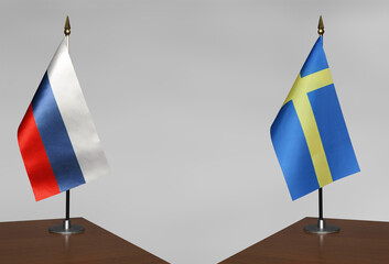 Table flags Russia and on grey blurred background