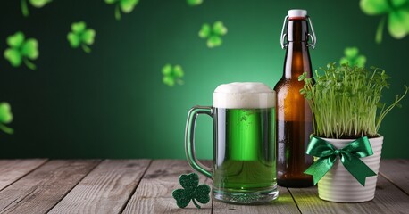 Celebrate St Patricks Day with a frothy green beer, festive shamrocks, and a refreshing drink, perfect for your holiday promotions and party invitations