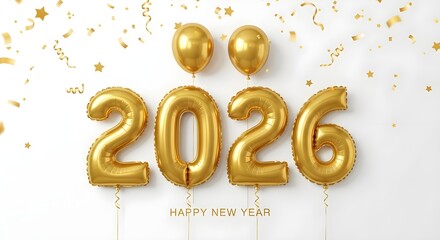 Golden balloons form 2026 number with confetti celebration