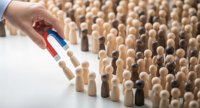 Hand uses magnet to attract wooden people figures from crowd.