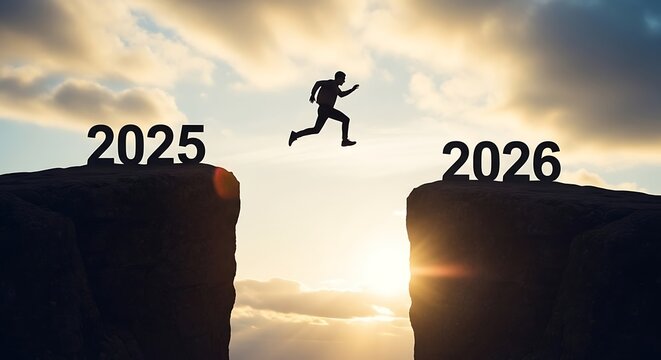 Silhouette person leaping from 2025 to 2026 across a chasm at sunset, symbolizing new year transition, future goals, and overcoming challenges