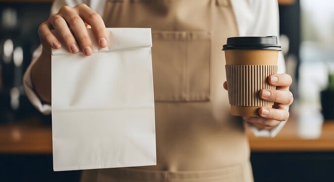 Barista holding coffee cup and paper bag ready for customer pickup