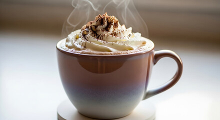 Delicious hot chocolate topped with whipped cream and cocoa powder perfect for a cold winter day