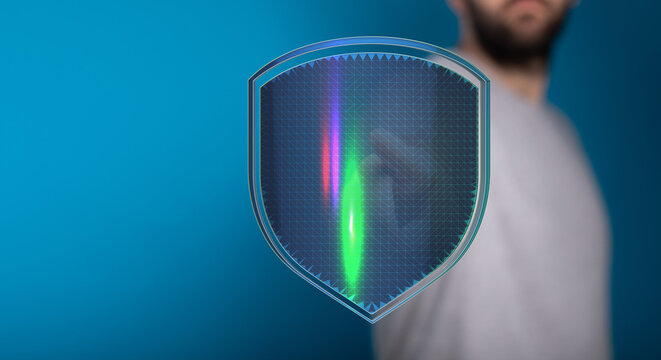 Abstract image of a shield concept symbolizing security and data protection against cyber threats. Modern, conceptual design for inte