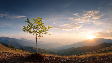 Vibrant Young Tree on Hilltop Against Sunset Over Mountains, Nature's Beauty Revealed in Scenic Landscape, Hope and Growth Concept Captured in Photograph
