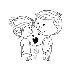 A simple, loving line art illustration of a happy couple holding hands with a heart