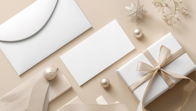Elegant wedding invitation and gift card mockup with festive accents on a neutral background
