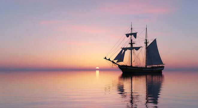 Perfect Sunset Voyage: Classic Tall Ship on Glassy Water
A captivating, highly atmospheric wide-angle shot featuring the sharp silhouette of a classic tall ship (likely a brig or brigantine)