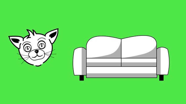 Cartoon animation of a cat's head and a sofa in black and white on a green background, artistic drawing.