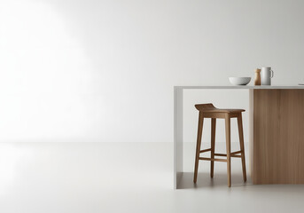 Modern kitchen island with stool and tableware