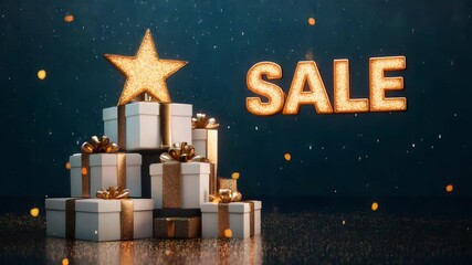 Gift boxes with a star and gold 'sale' text representing holiday shopping and discounts