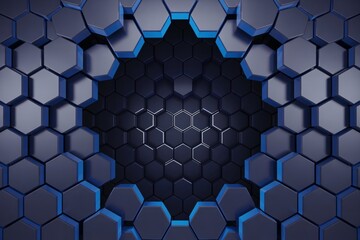 Abstract hexagonal geometric background with deep blue and light blue glowing accents, perfect for futuristic tech concepts and modern design themes.