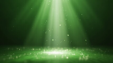 Dramatic green light beams shining down on a reflective surface with sparkling particles creating a mystical atmosphere