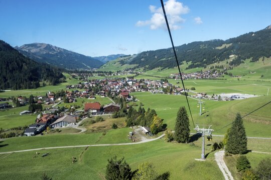 View from the Neunerk&ouml;pflebahn of Tannheim and the Tannheimer Valley, Allg&auml;u Alps, Tyrol, Austria