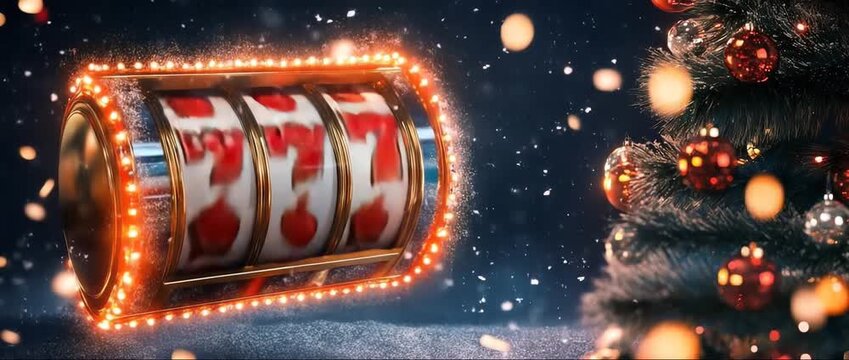 Casino slot machine reels spinning with lucky sevens against a festive christmas tree