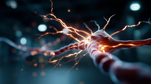 Lightning like electrical signals traveling along neuron faceless neuroscience visualization defocused patch clamp electrophysiology background action potential propagation syn