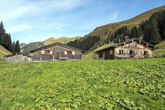 Hintere Ein&ouml;dsberg-Alpe, behind mountains of the Allg&auml;u Alps with Trettachspitze, M&auml;delegabel, Hochfrottspitze, Wilder Mann and Linkerskopf, Ein&ouml;dsbach, Oberstdorf, Oberallg&auml;u, Bavaria Germany