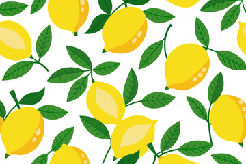 Seamless Lemon Pattern with Blue Ribbon and Leaves &ndash; Citrus Fruit Decorative Design