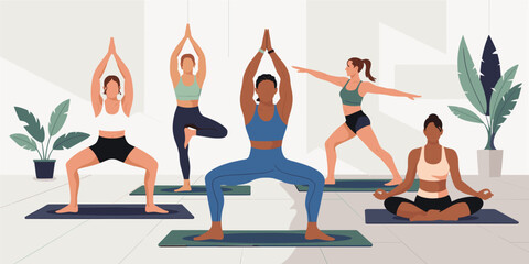 Diverse group of women practicing yoga poses indoors on mats fitness exercise
