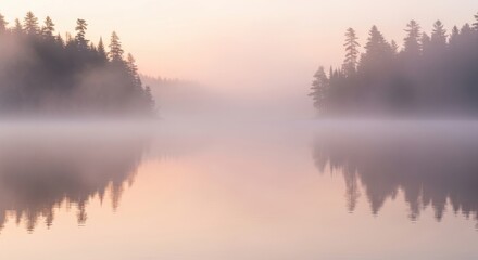 Fototapeta premium Foggy lake at sunrise tranquil scene with reflections perfect for nature and serenity concepts
