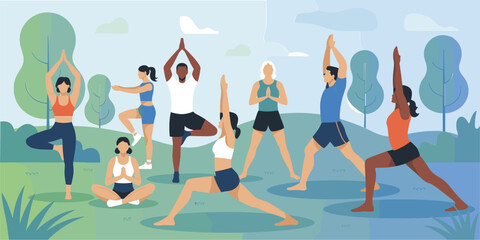Diverse group of people practicing yoga in a park setting outdoor exercise
