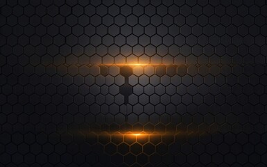 Dynamic dark hexagonal pattern with vibrant orange light streaks creating a futuristic, modern, and technological abstract background