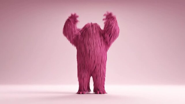 Funny Pink Furry Monster Character Dancing on a Pink Background.