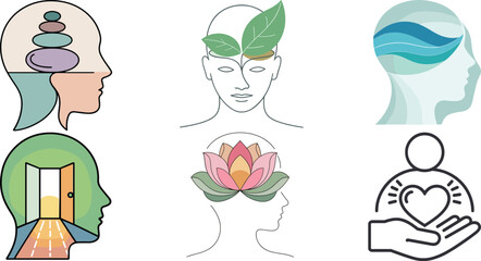 Six abstract human head icons representing mental states and concepts profile silhouette