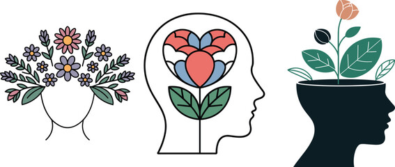 Three stylized human heads with floral and plant elements profile silhouette