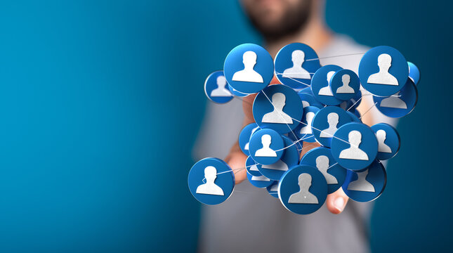 Man holding a network of blue person icons, symbolizing connection, teamwork and social media. Concepts of interaction, community and business r