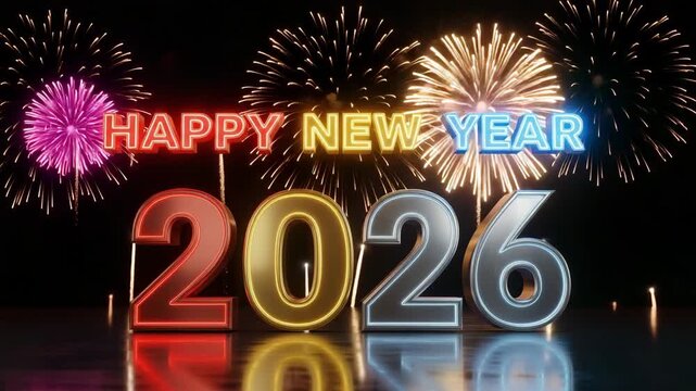 Happy new year 2026 with vibrant fireworks illuminating the night sky, celebrating the festive occasion and a fresh start ahead
