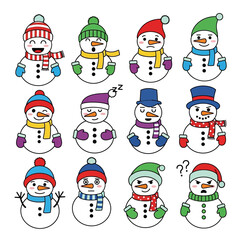 Collection of cheerful and festive snowmen characters in various expressive moods and colorful winter hats, perfect for holiday designs and decorations