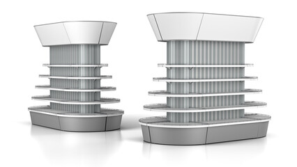 Supermarket rounded gondola display racks with slatwall central part. 3d illustration on white background