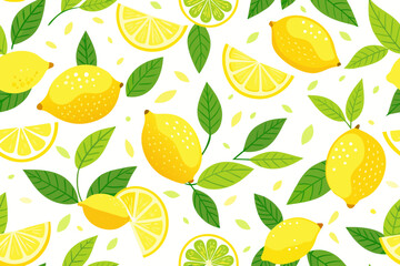 Seamless Lemon Pattern with Blue Ribbon and Leaves – Citrus Fruit Decorative Design