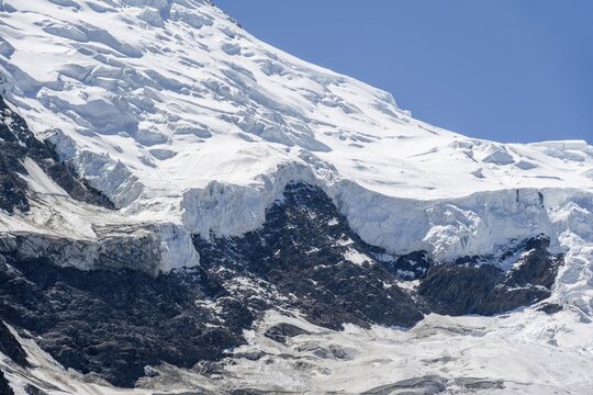High alpine mountain landscape at Pointe Bravais, glacier edge, glacier tongue, Glacier de Taconnaz, Chamonix, Haute-Savoie, France