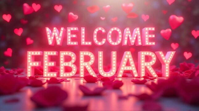 Welcome February Glowing Pink Letters with Hearts and Petals