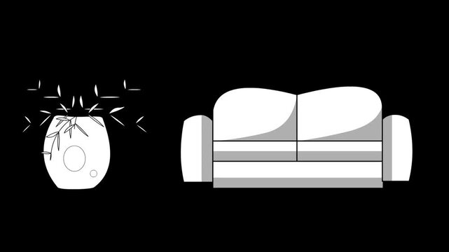 Cartoon animation of a plant pot and a sofa in black and white on a black background, artistic drawing.
