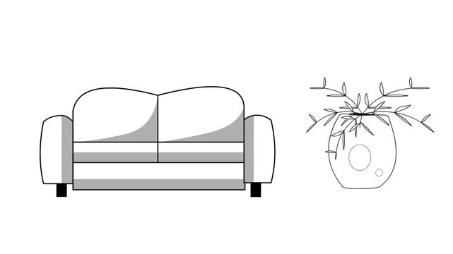 Cartoon animation of a plant pot and a sofa in black and white, artistic drawing.