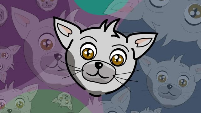 Cartoon animation of cat heads, artistic drawing.