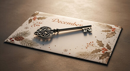 Ornate key resting on a festive December card evoking winter holidays and new year anticipation