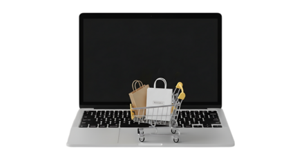 Online shopping concept with miniature shopping cart and bags on laptop keyboard, symbolizing e-commerce and digital retail.