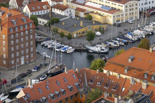 View from Vor Frelsers Kirke to Christianshavn and Wilders Canal, Christianshavn neighbourhood, Copenhagen, Denmark
